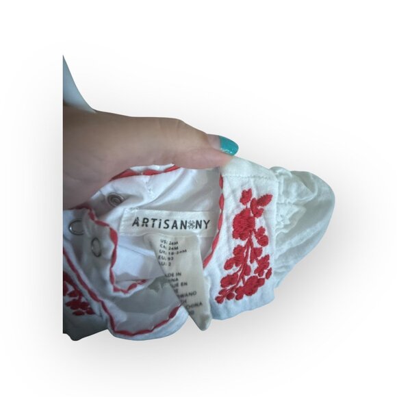 White with Red Embroidery Baby 24M Dress- Artisan NY - Picture 3 of 3